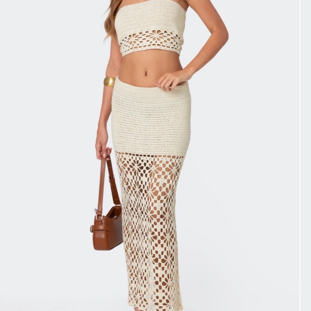Edikted Cream Crochet Maxi Skirt set